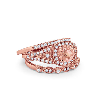 Three Piece Art Deco Bridal Wedding Ring Rose Tone, Simulated Morganite CZ 925 Sterling Silver